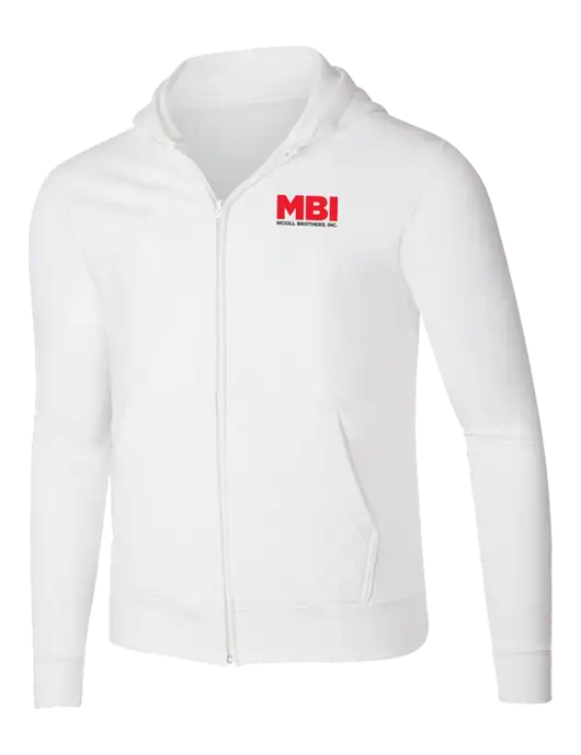 White 8.5 oz Ring Spun Zip Hooded Sweatshirt w/MBI Logo