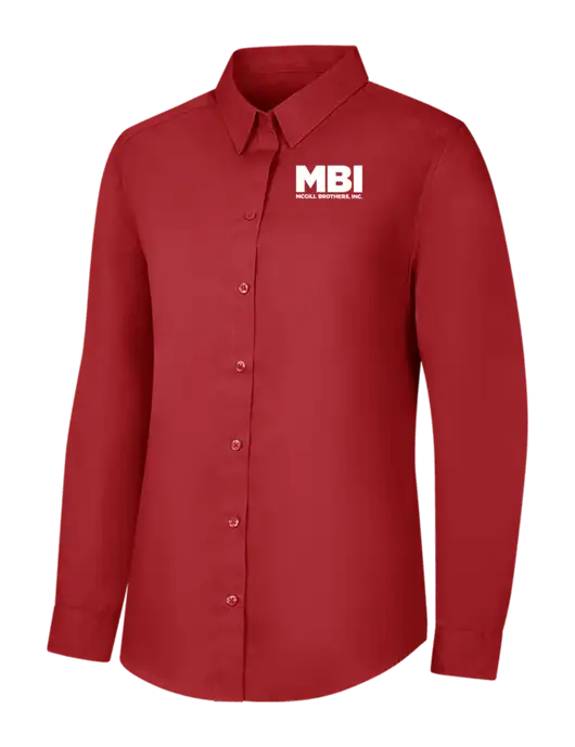 Womens Rich Red  Long Sleeve Carefree Poplin Shirt w/MBI Logo