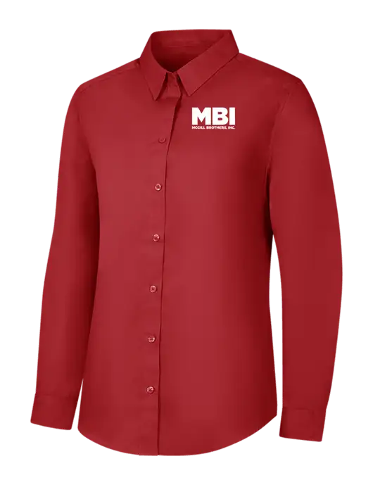 Womens Rich Red  Long Sleeve Carefree Poplin Shirt w/MBI Logo