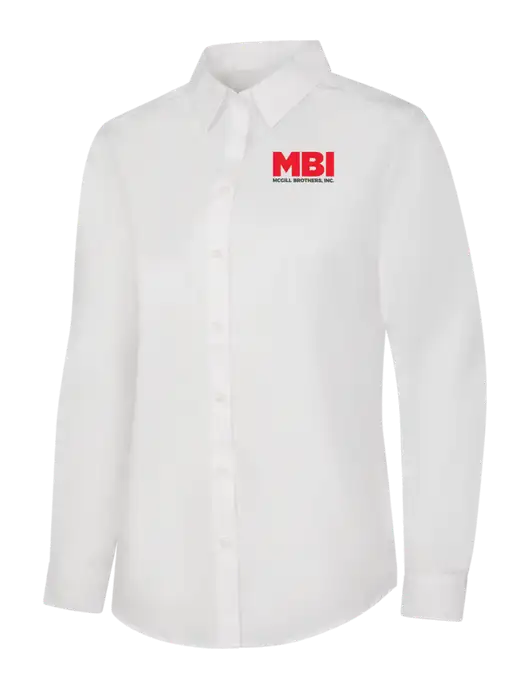 Womens White Long Sleeve Carefree Poplin Shirt w/MBI Logo