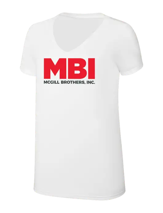 Womens Simply Soft V-Neck White 4.5oz  Poly/Combed Ring Spun Cotton T-Shirt w/MBI Logo