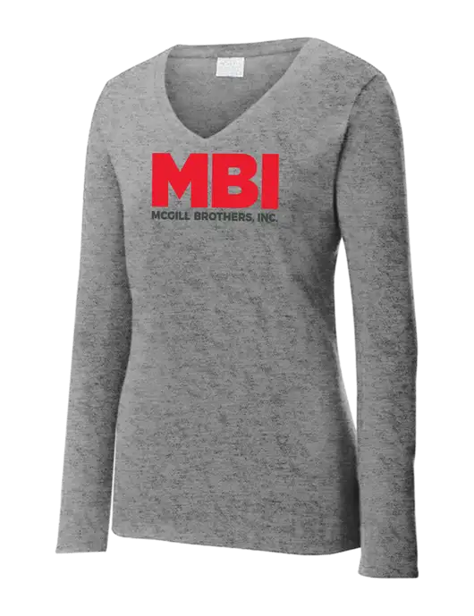 Womens  V-Neck Ring Spun Grey Heather 4.5 oz Long Sleeve T-Shirt w/MBI Logo