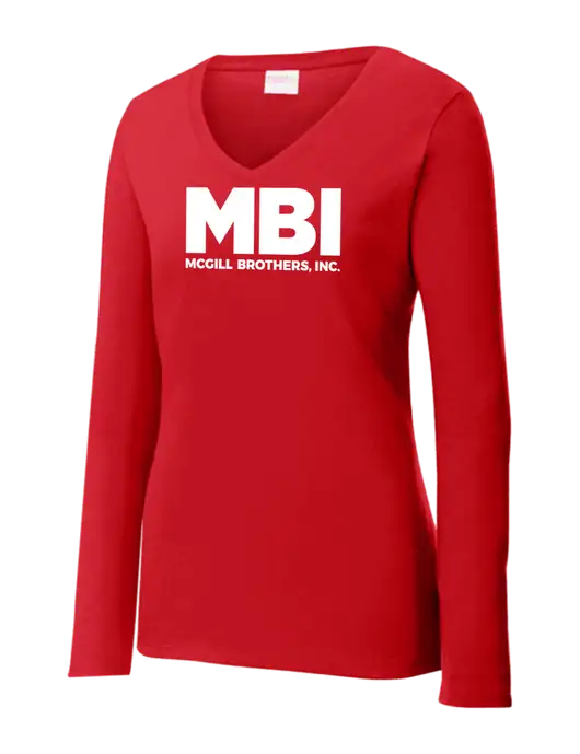 Womens  V-Neck Ring Spun Bright Red 4.5 oz Long Sleeve T-Shirt w/MBI Logo