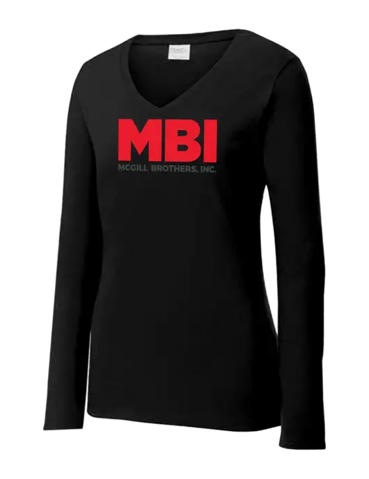 Womens V-Neck Ring Spun Jet Black 4.5 oz Long Sleeve T-Shirt w/MBI Logo
