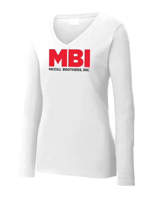 Womens  V-Neck Ring Spun White 4.5 oz Long Sleeve T-Shirt w/MBI Logo